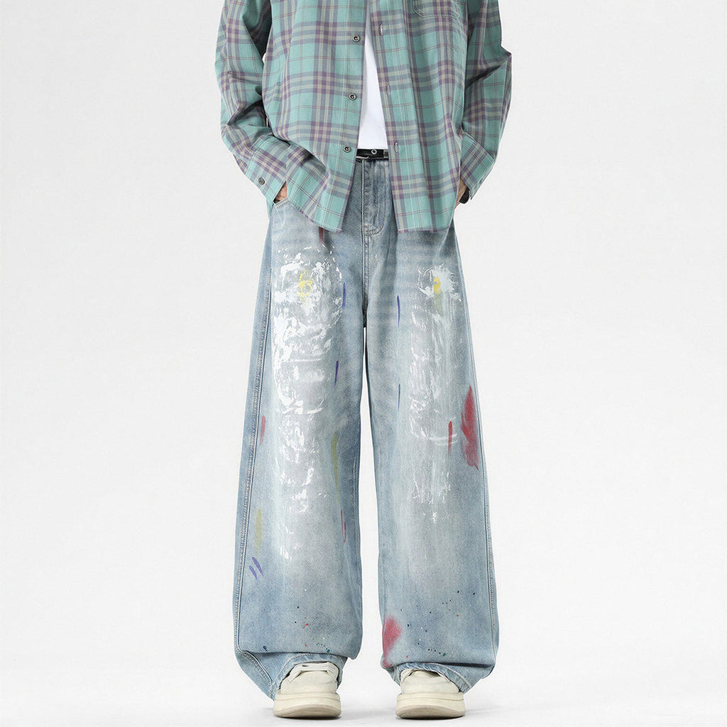 Men's Spring Washed Splatter Ripped Wide Leg Jeans
