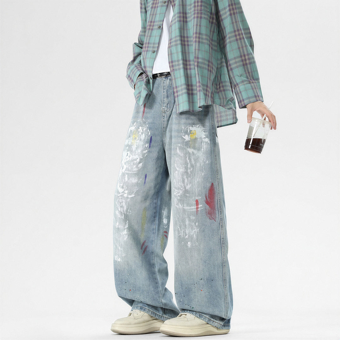 Men's Spring Washed Splatter Ripped Wide Leg Jeans