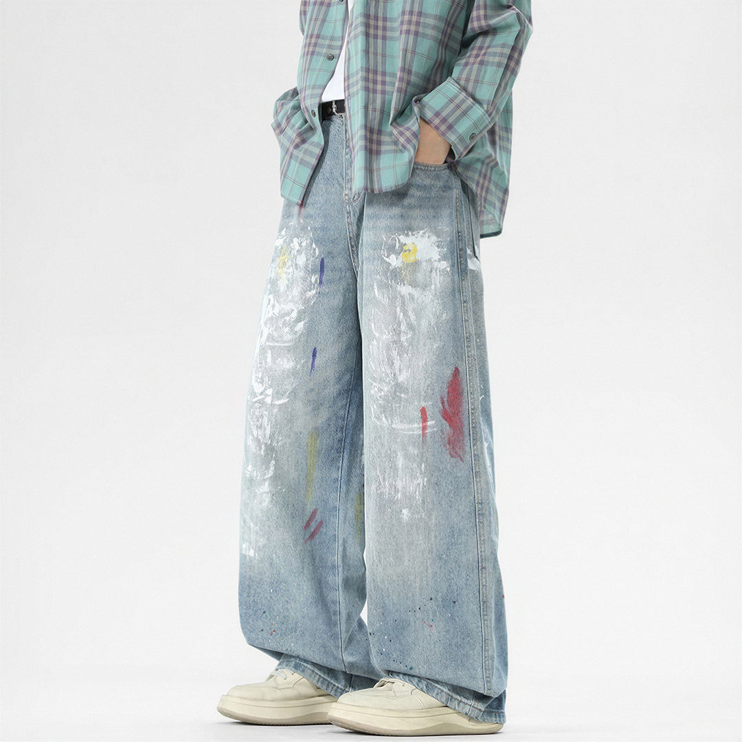 Men's Spring Washed Splatter Ripped Wide Leg Jeans