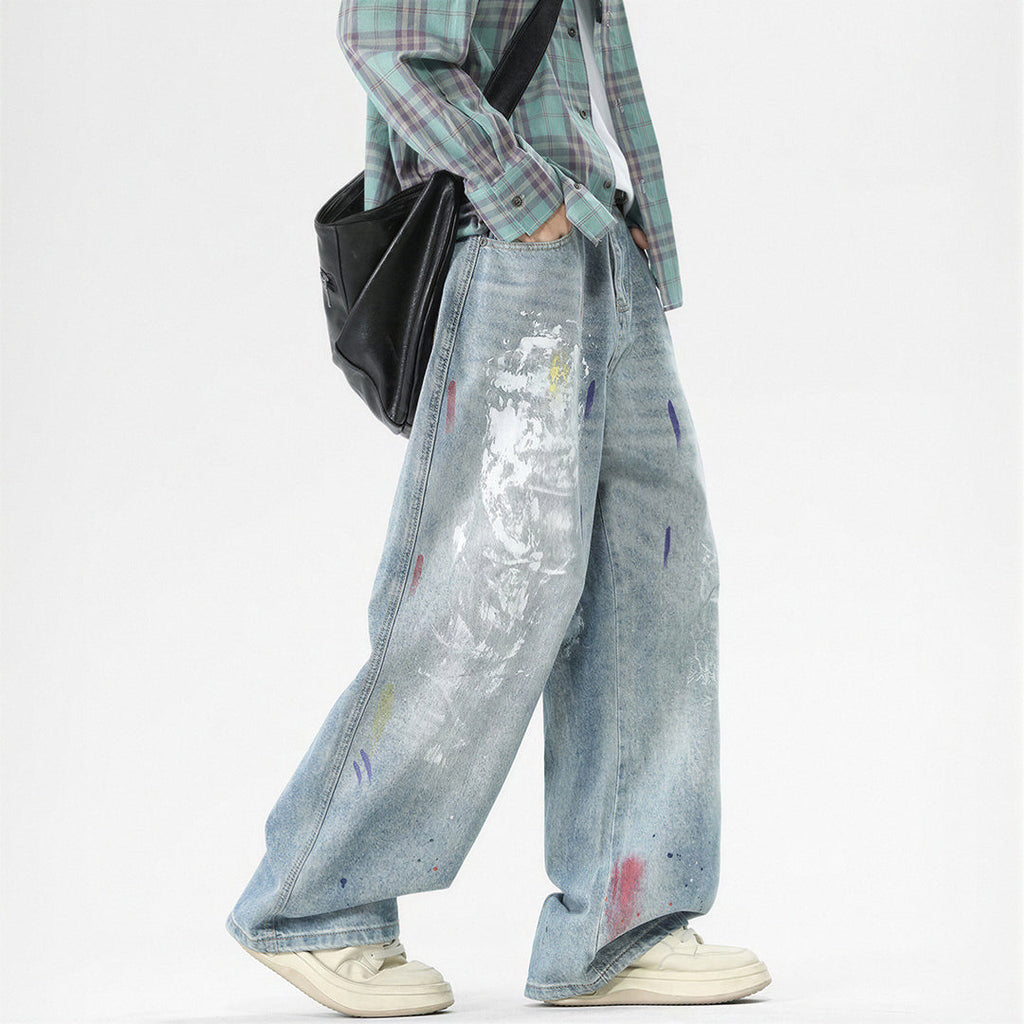 Men's Spring Washed Splatter Ripped Wide Leg Jeans