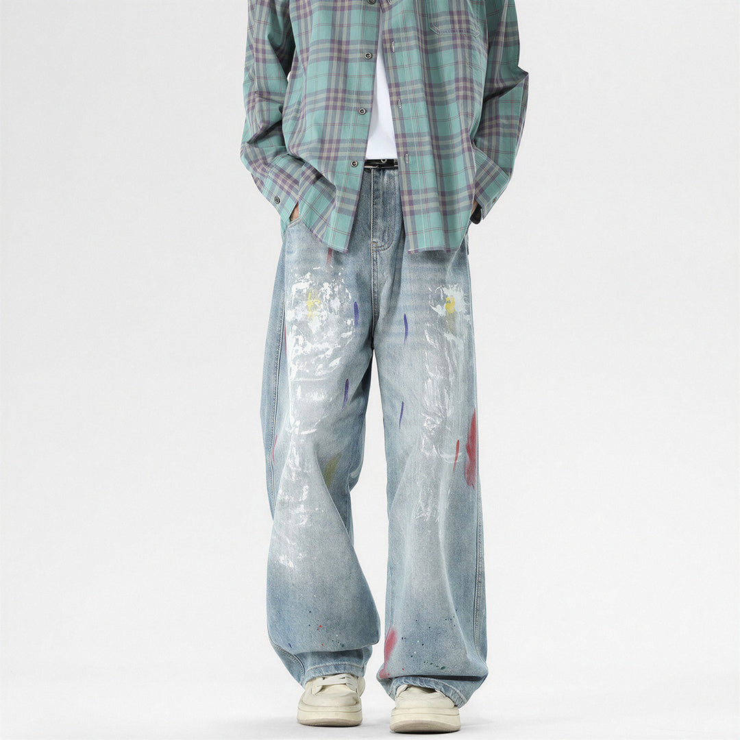 Men's Spring Washed Splatter Ripped Wide Leg Jeans