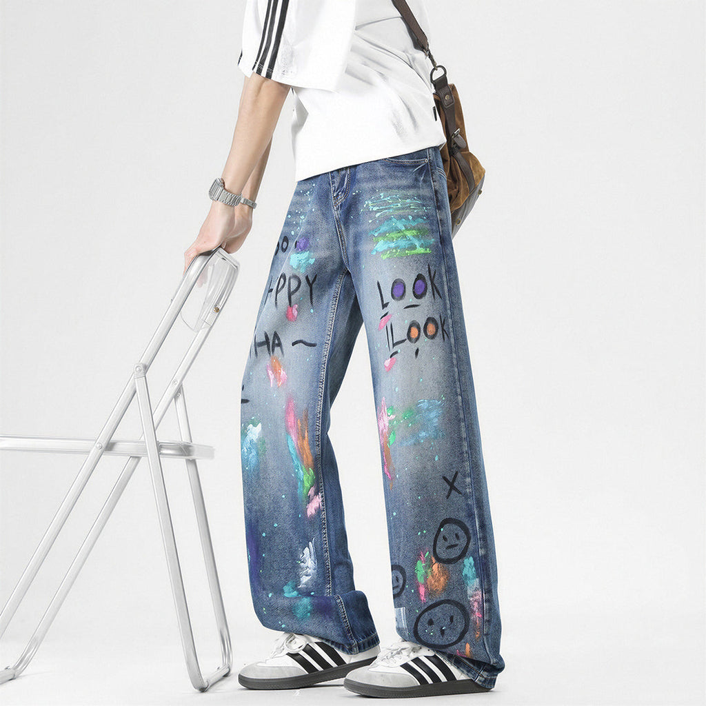 Men's Spring Two-Tone Fun Graffiti Wide Leg Denim Jeans