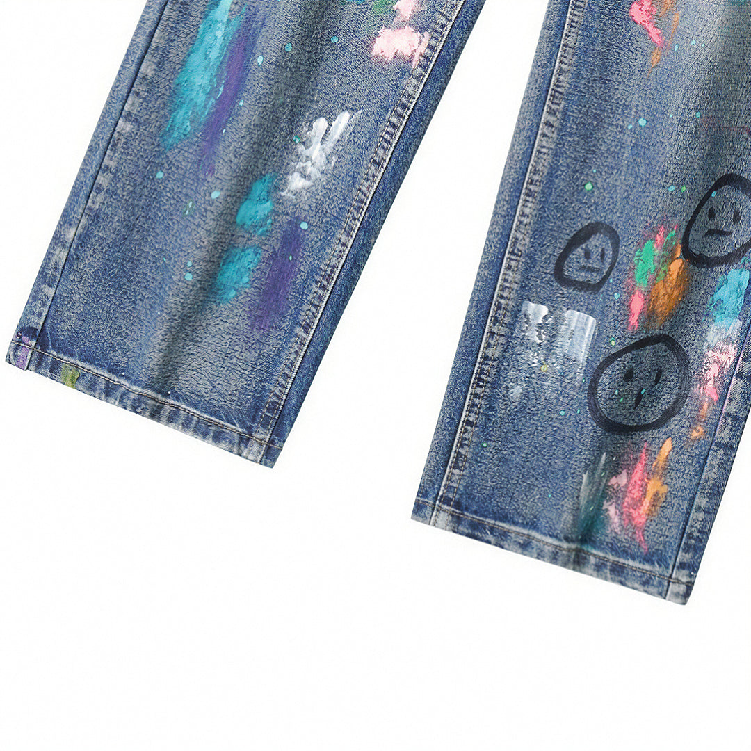 Men's Spring Two-Tone Fun Graffiti Wide Leg Denim Jeans