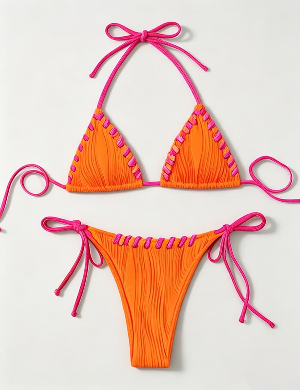 Ladies Contrast Stitch Ribbed Halter Triangle 2 Piece Bikini Set
