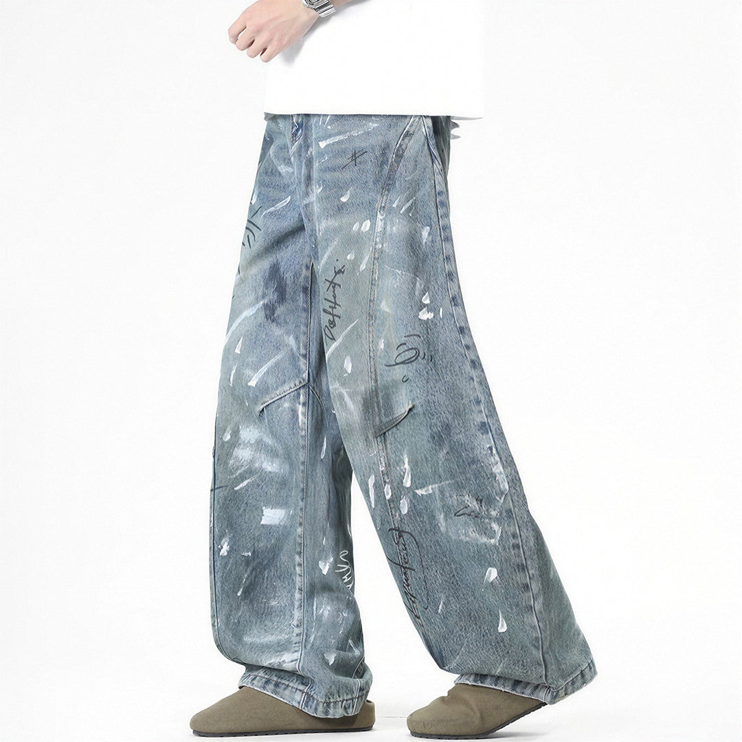 Men's Spring Graffiti Barrel Baggy Wide Leg Denim Jeans