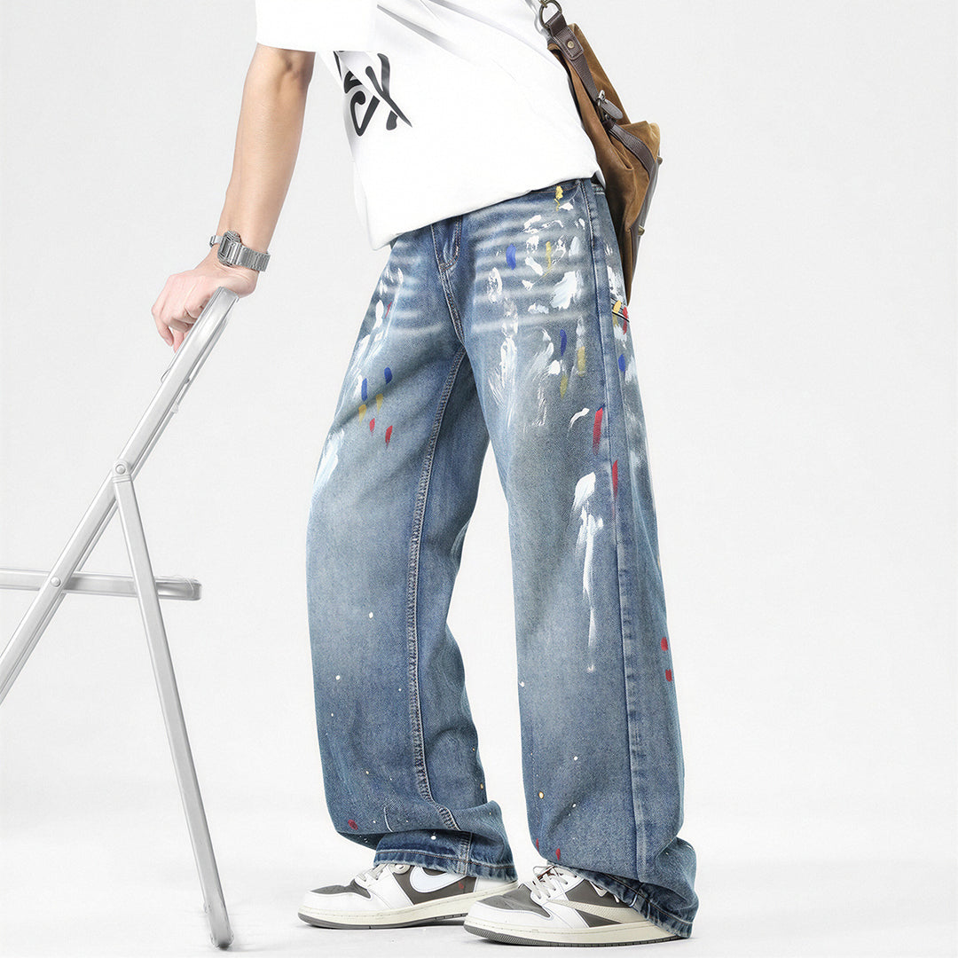 Men's Spring Graffiti Splash Ink Washed Baggy Denim Jeans