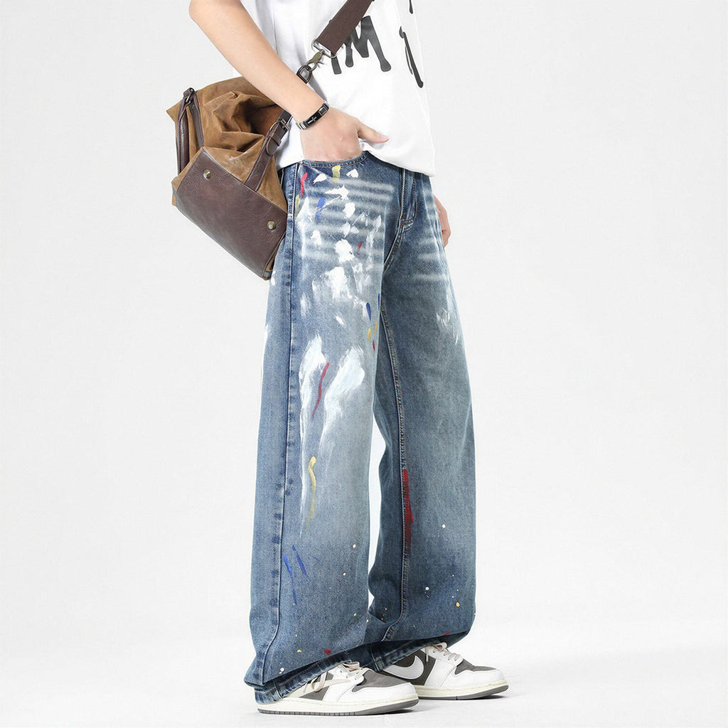 Men's Spring Graffiti Splash Ink Washed Baggy Denim Jeans
