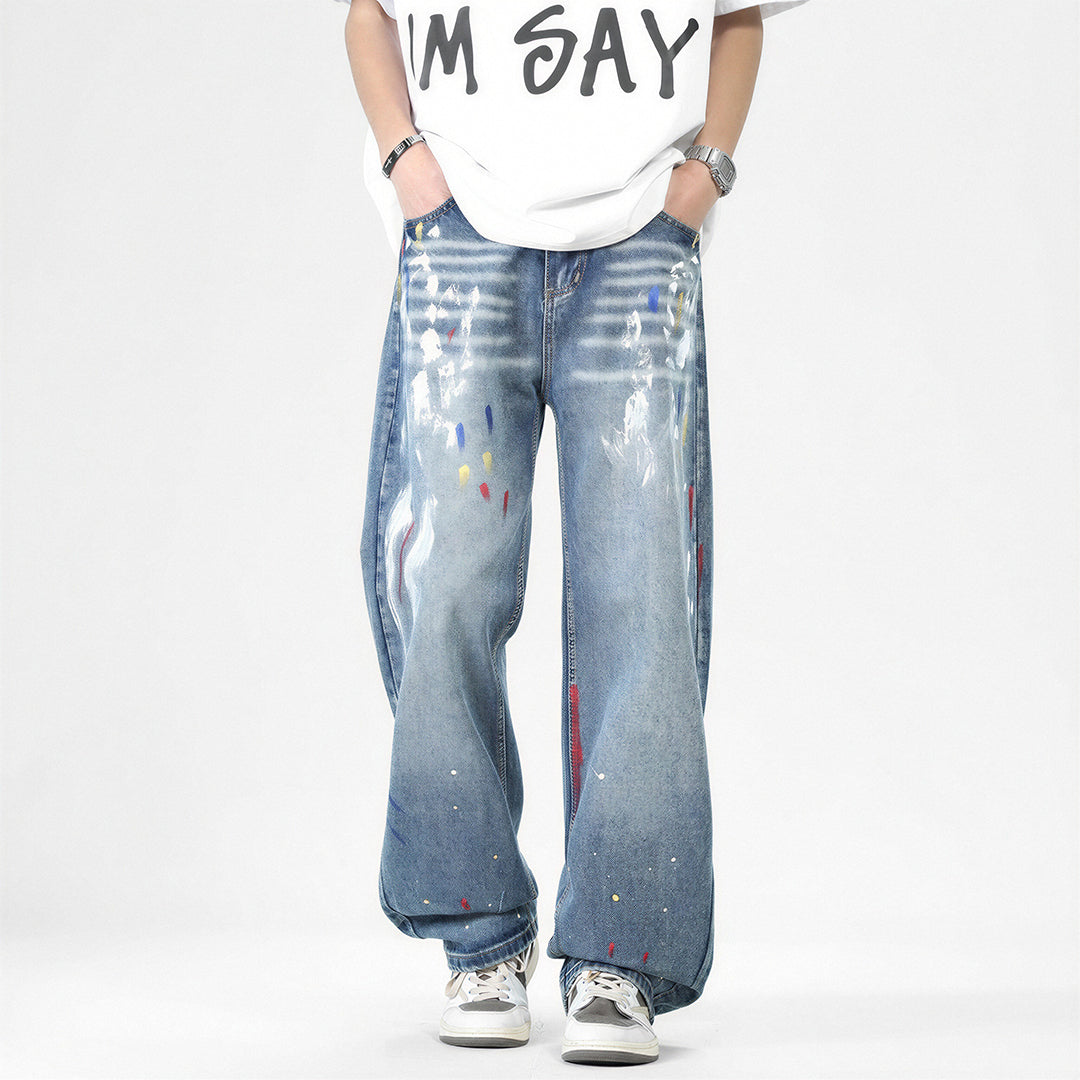 Men's Spring Graffiti Splash Ink Washed Baggy Denim Jeans