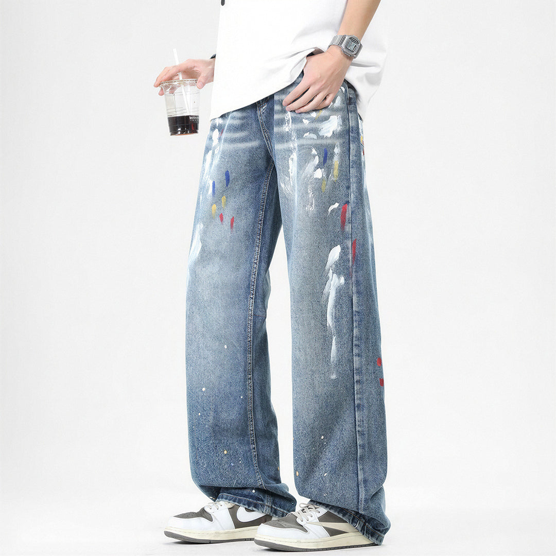 Men's Spring Graffiti Splash Ink Washed Baggy Denim Jeans