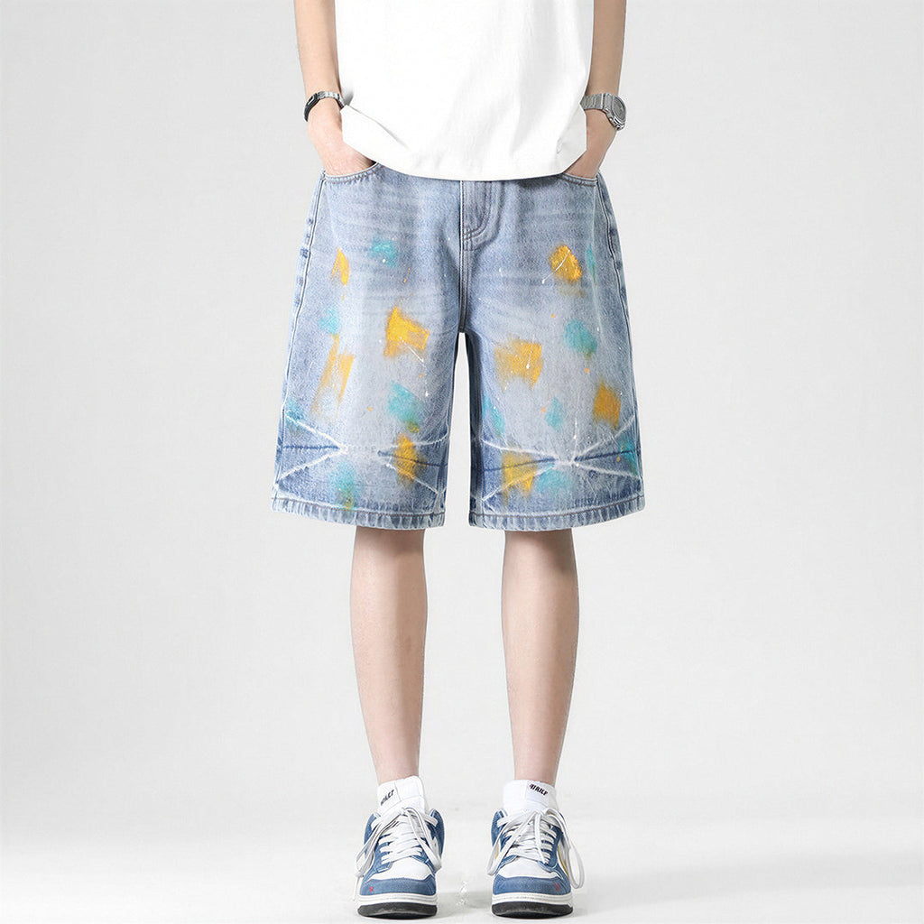 Men's Summer Colorful Splash Ink Washed Baggy Denim Shorts