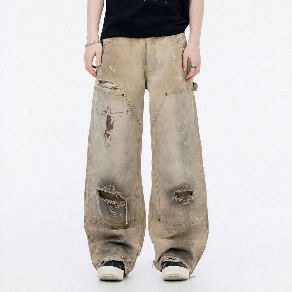 Men's Spring Mud Washed Ripped Carpenter Denim Jeans