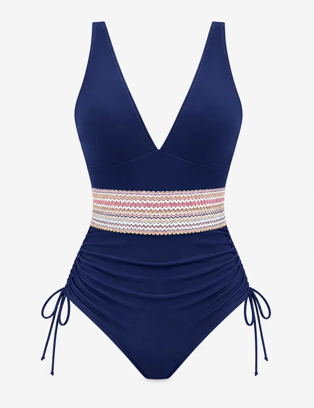 Ladies Deep V-Neck Adjustable Side Drawstring One Piece Swimsuit