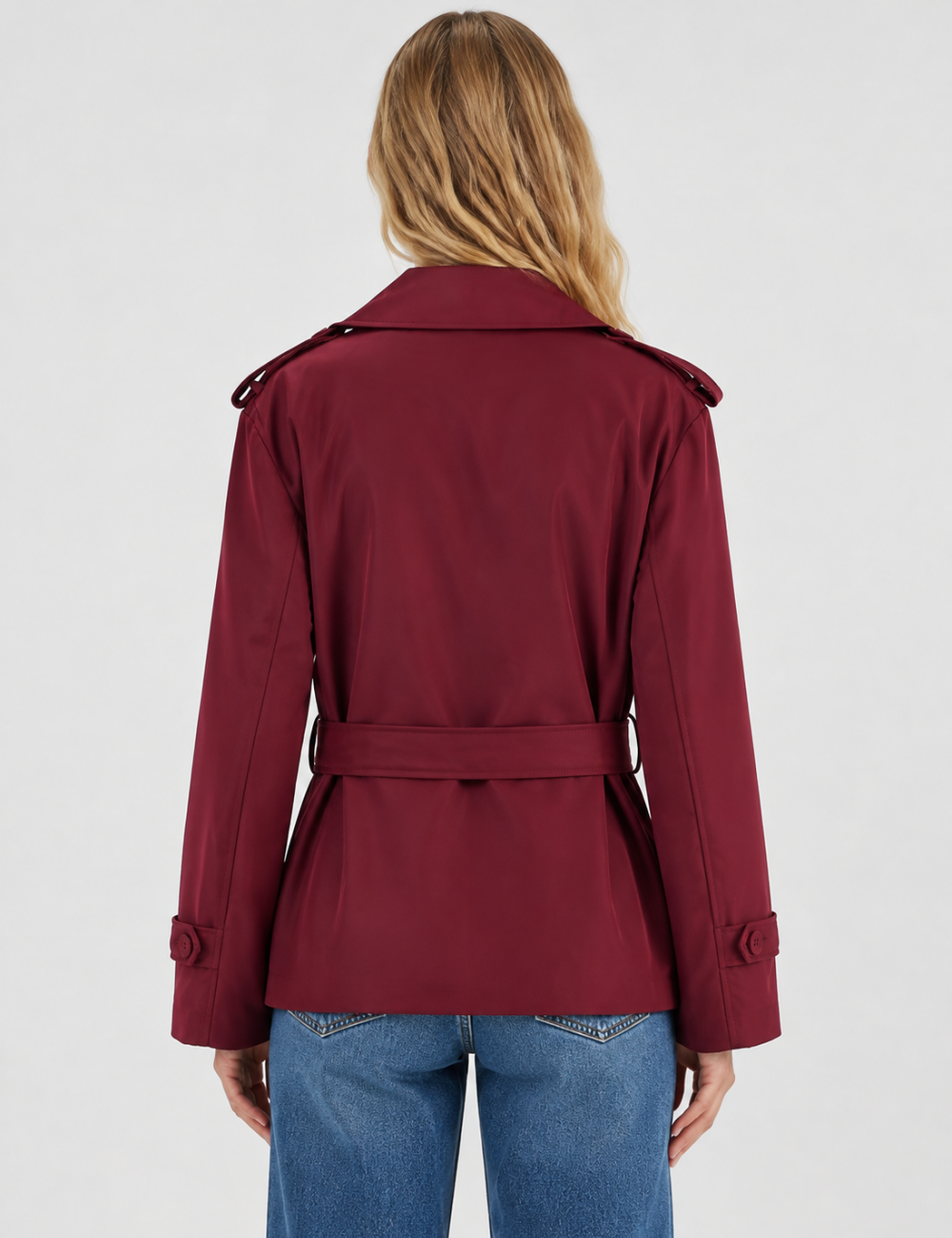 Ladies Lapel Collar Belted Short Trench Coat