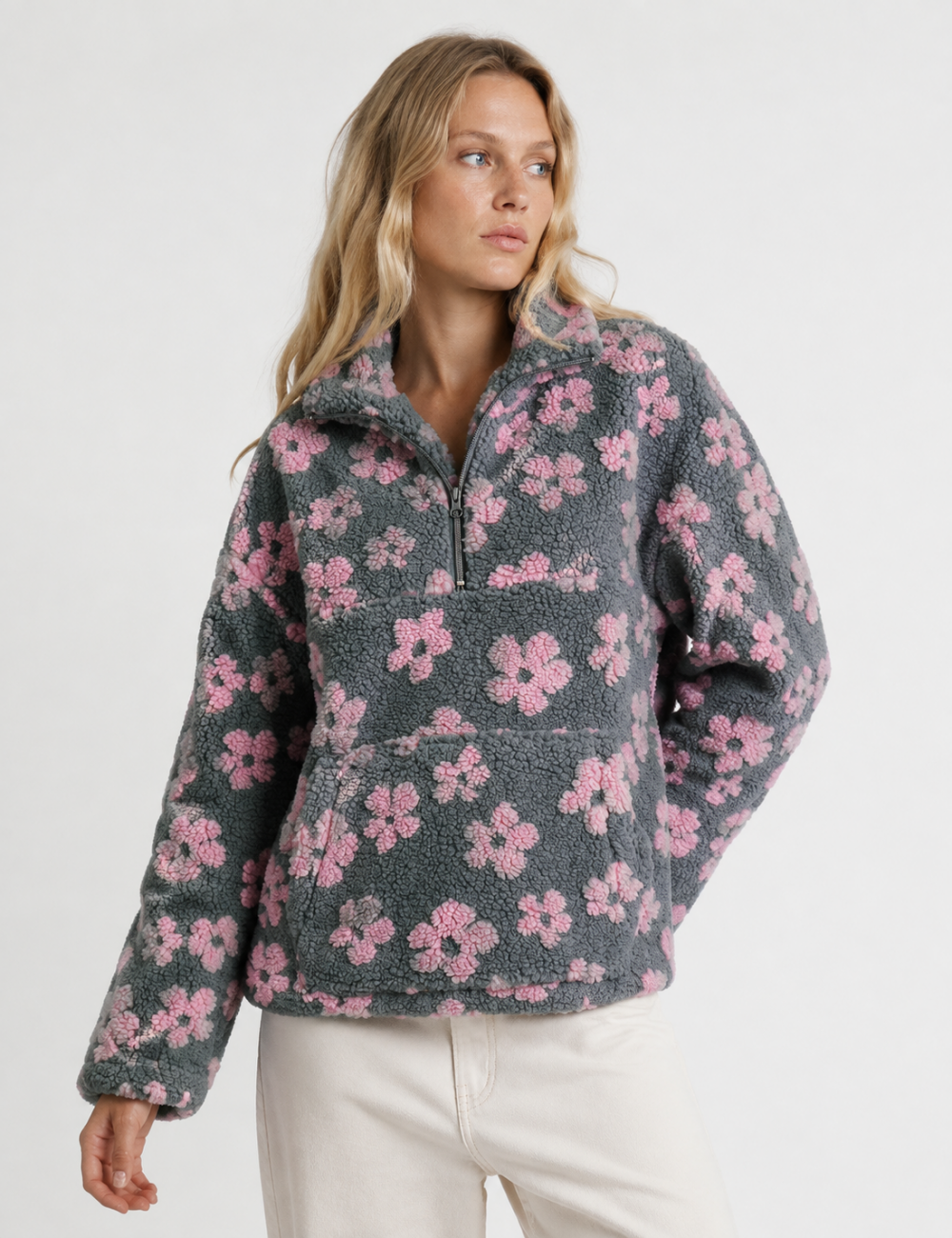 Ladies Casual Floral Pattern Zipper Front Fleece Pullover Sweatshirt