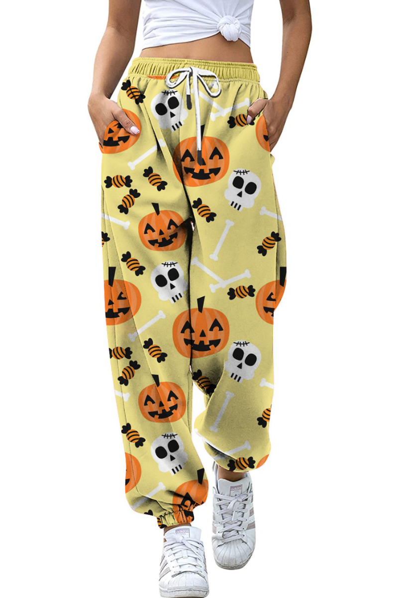 Women Fall Halloween Pumpkin Cat Print Jogger Pants