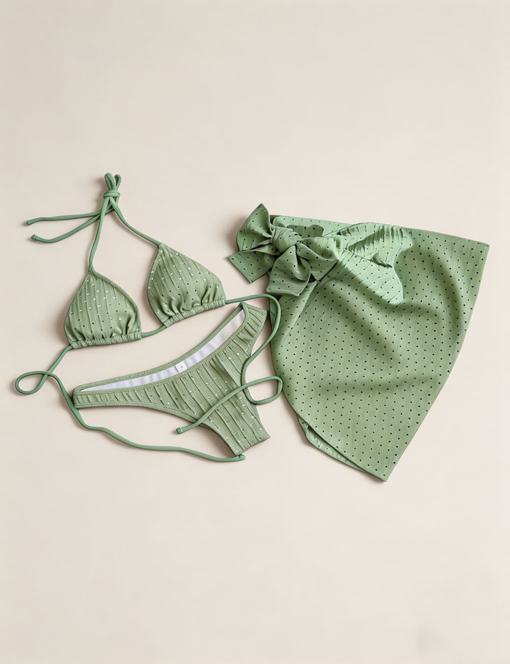 Ladies Solid Color Halter Triangle Bikini Set with Cover Up