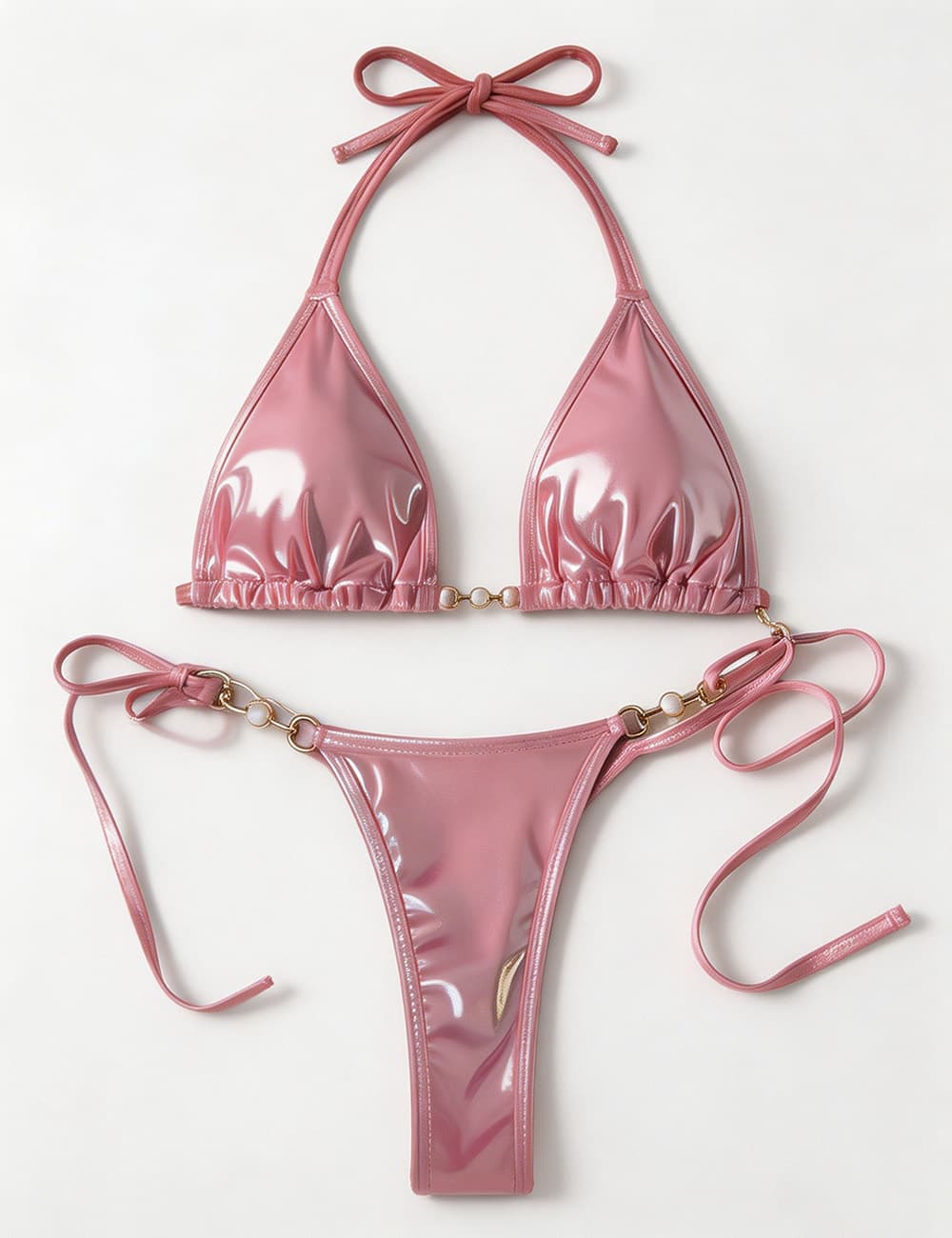 Ladies Metallic Pearl Ring Halter Triangle 2 Piece Bikini Set