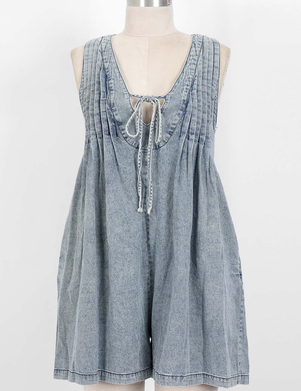 Ladies V-Neck Tie Front Pleated Sleeveless Denim Romper