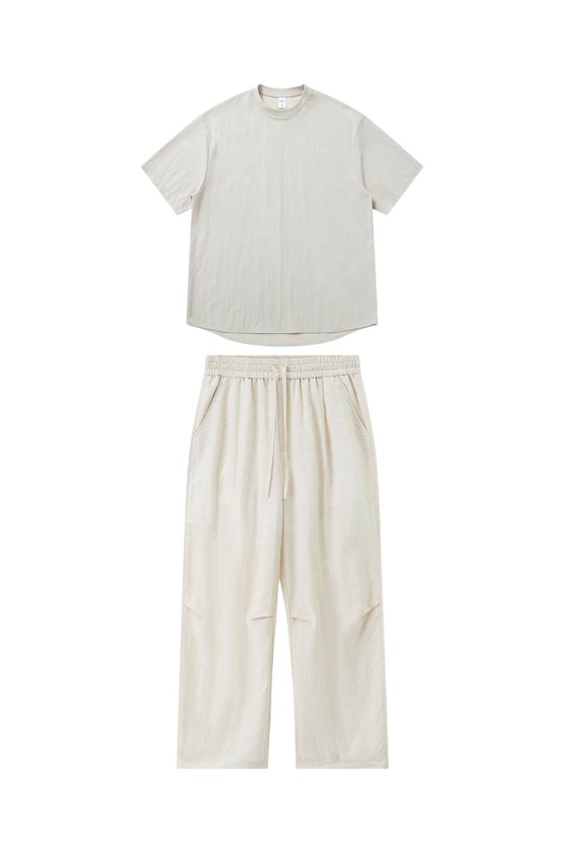 Men's Summer Linen-Blend Crewneck Tee Wide-Leg Pants Set