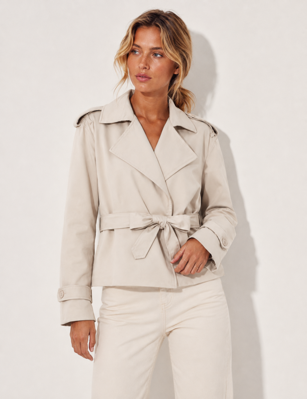 Ladies Lapel Collar Belted Short Trench Coat