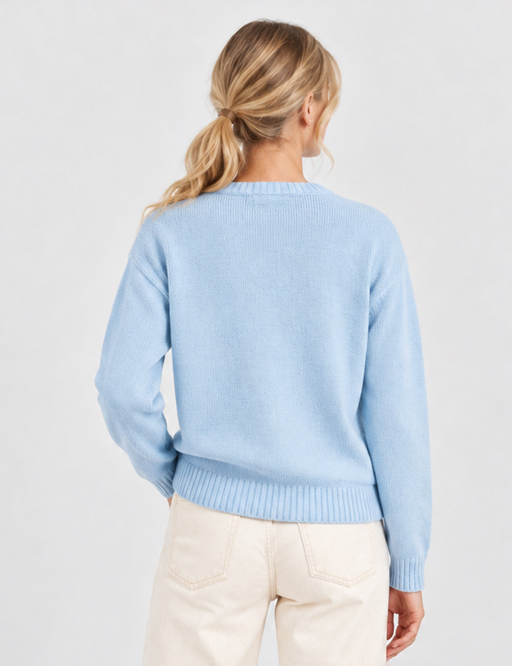 Ladies Fish Jacquard Crew Neck Cropped Knit Sweater