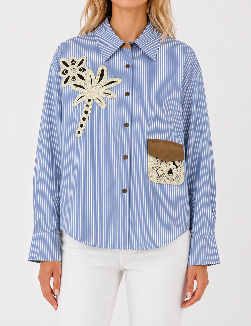 Ladies Striped Embroidery Floral Pocket Button-Down Shirt