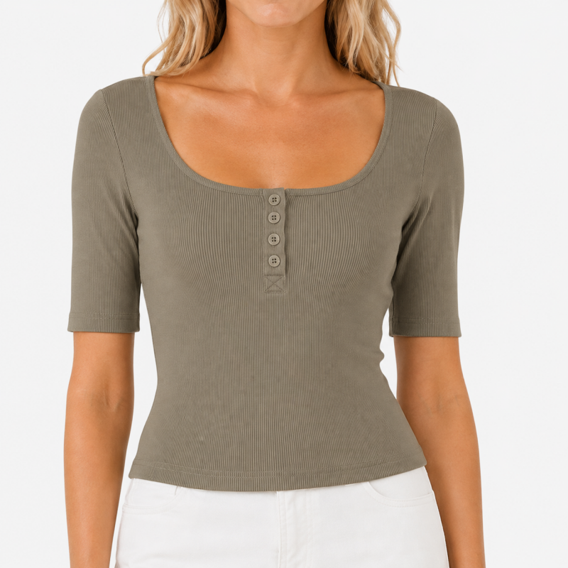 Ladies Scoop Neck Button Short Sleeve Top