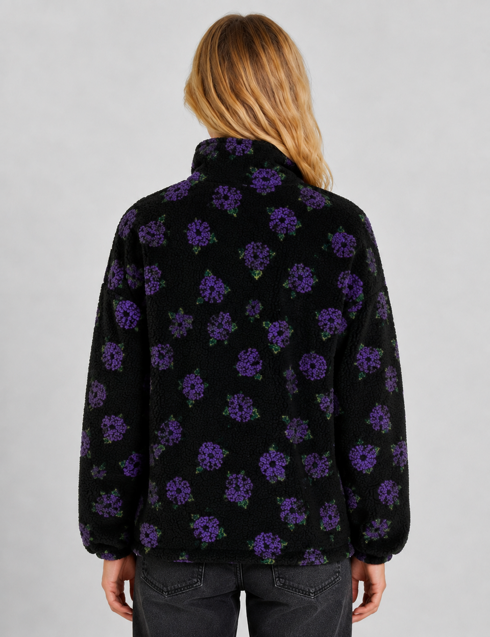 Ladies Casual Floral Pattern Zipper Front Fleece Pullover Sweatshirt