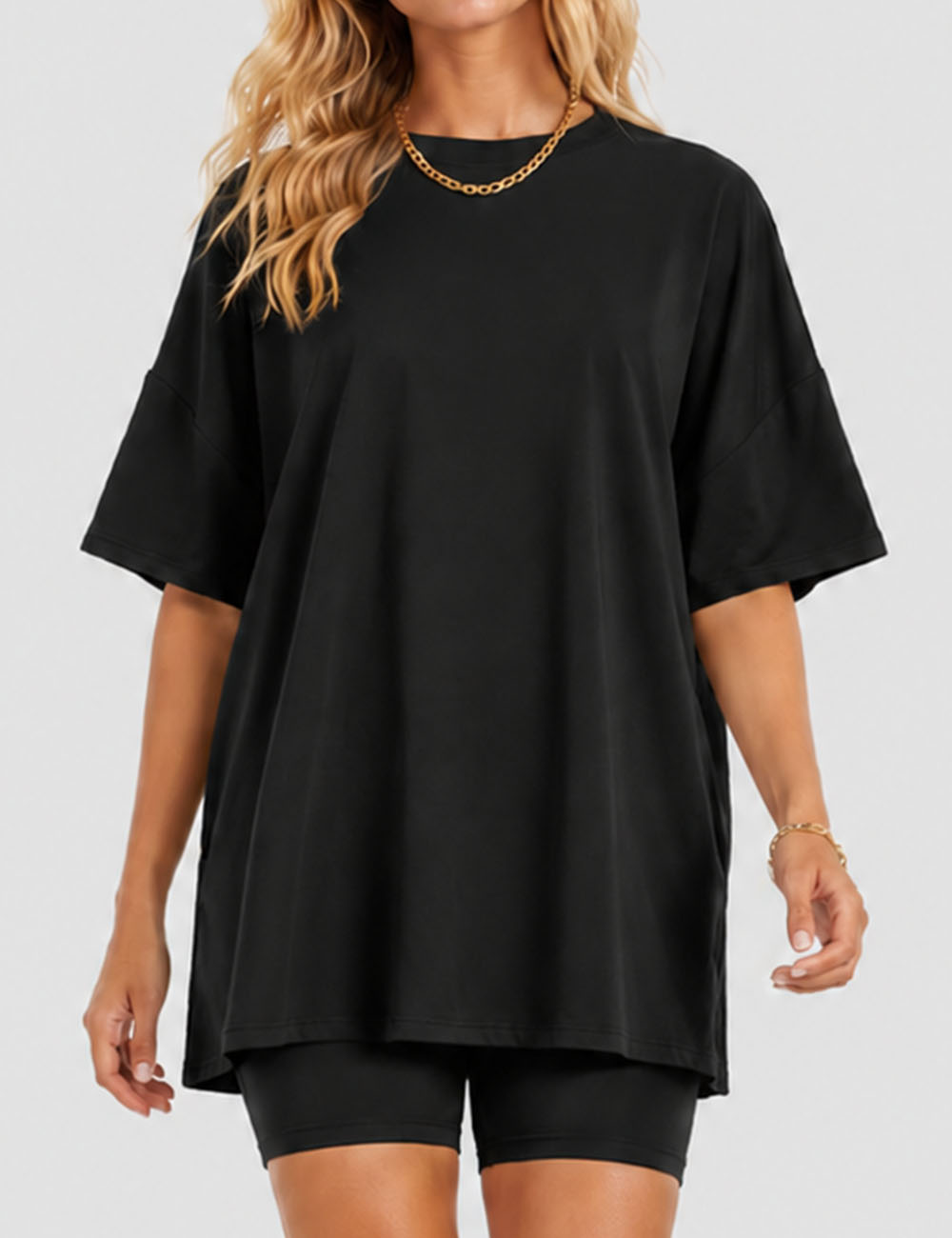 Ladies Solid Loungewear Outfits Loose Top & Slim Shorts Set