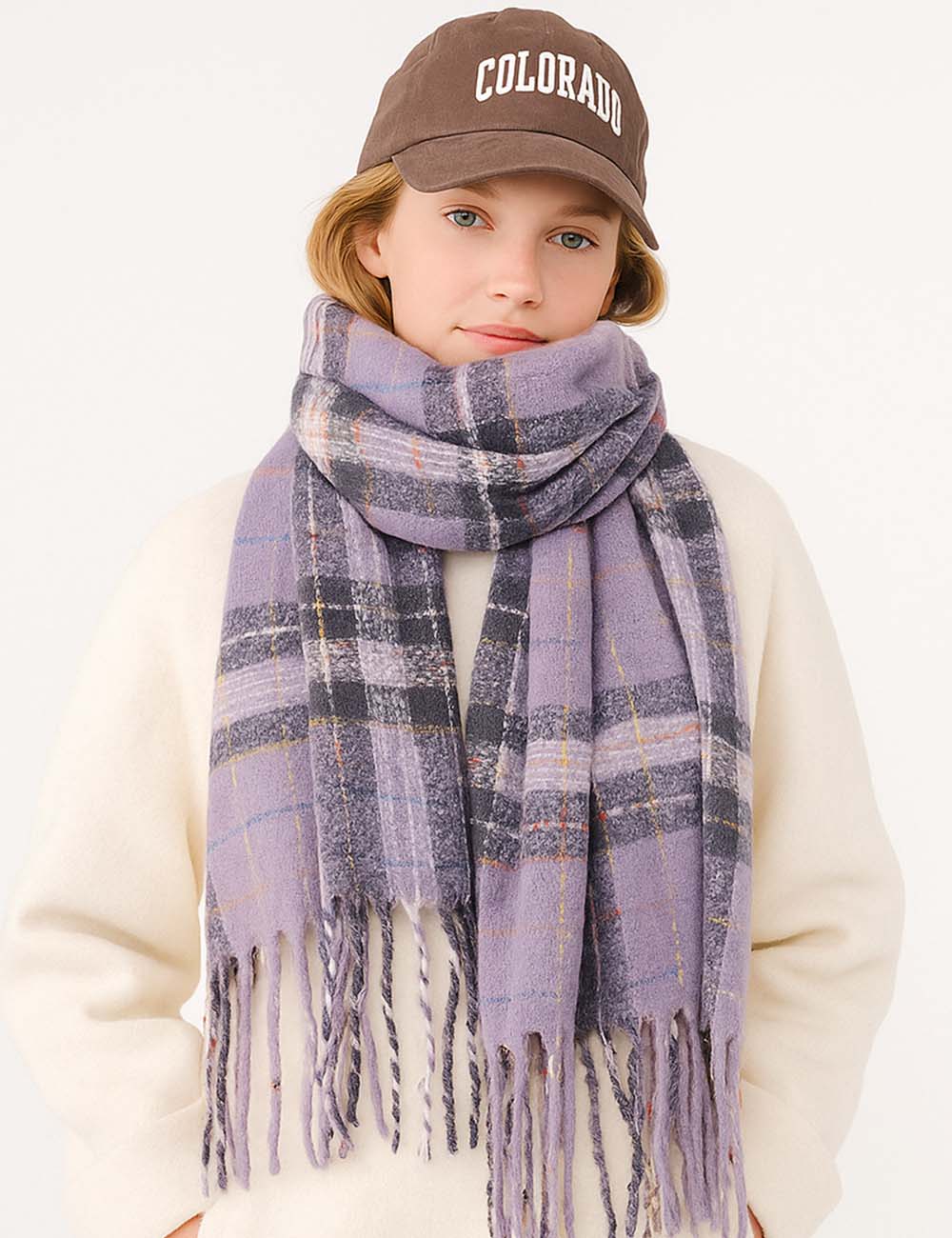 Ladies Christmas Plaid Fringe Oblong Knit Scarf