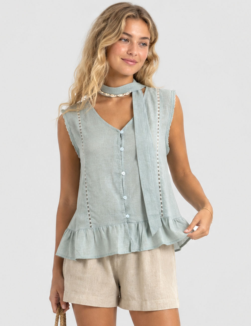 Ladies Scarf Neck Ruffle Hem Button Sleeveless Top