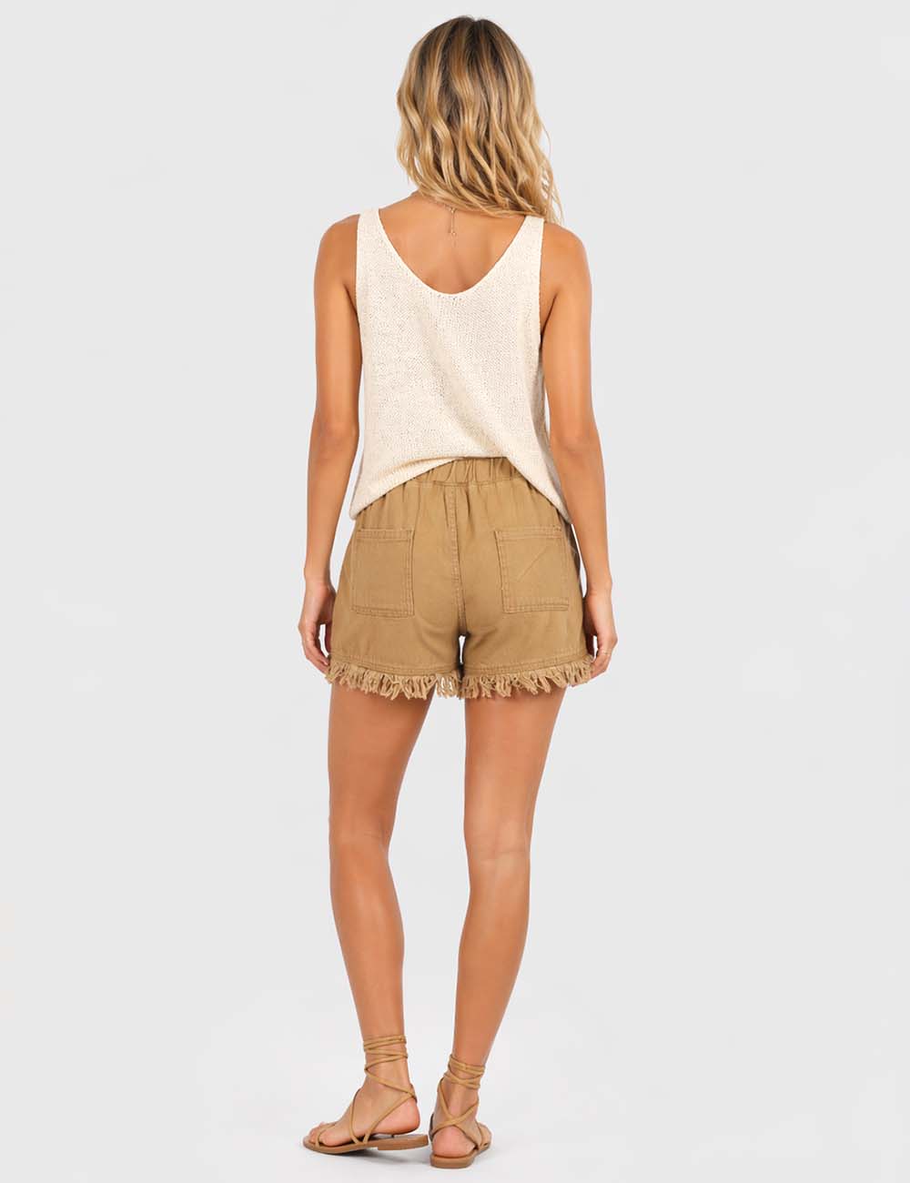 Ladies Solid Color Drawstring Waist Frayed Hem Denim Shorts