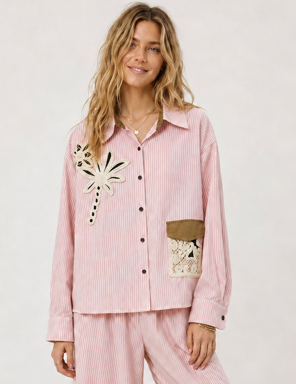 Ladies Striped Embroidery Floral Pocket Button-Down Shirt