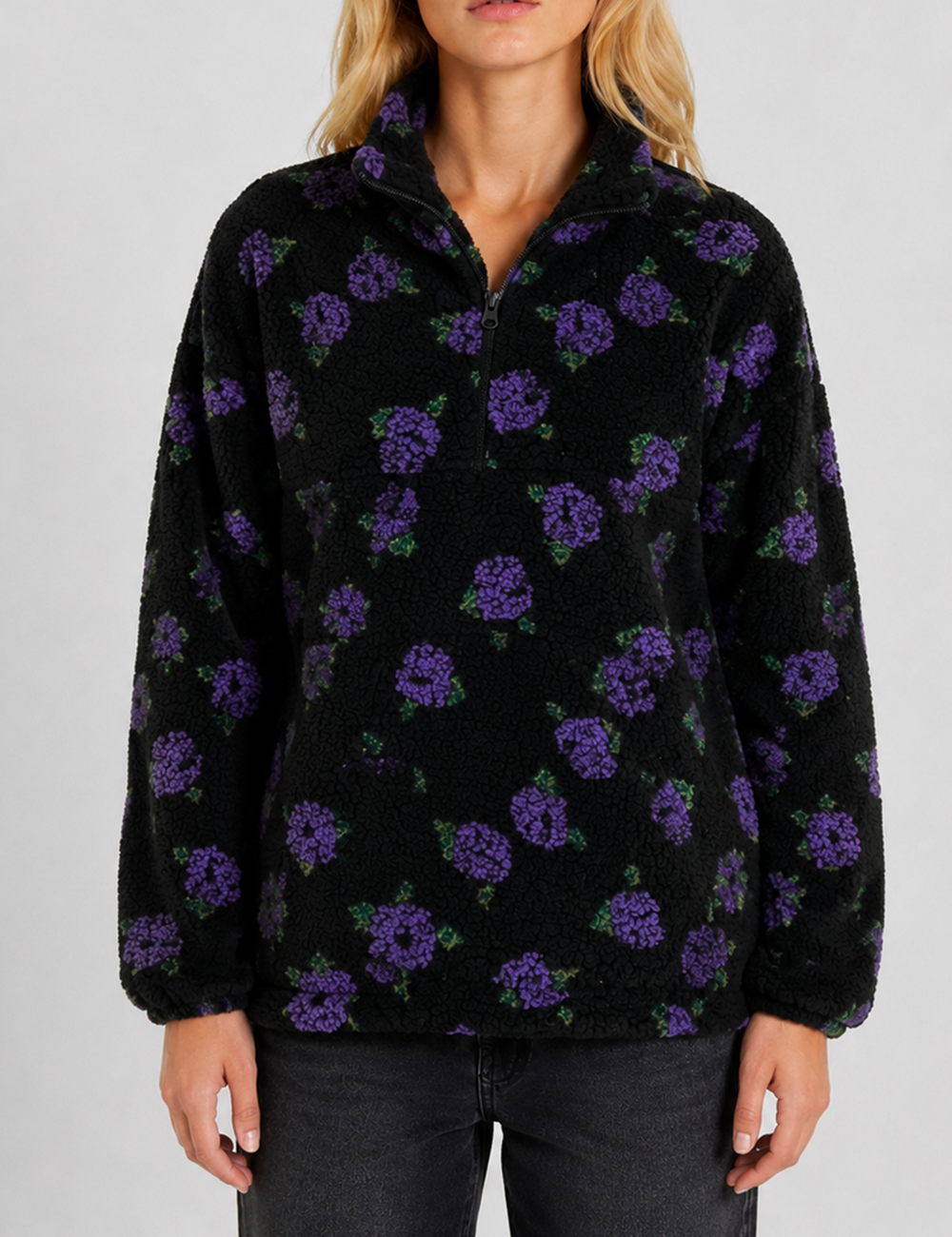 Ladies Casual Floral Pattern Zipper Front Fleece Pullover Sweatshirt