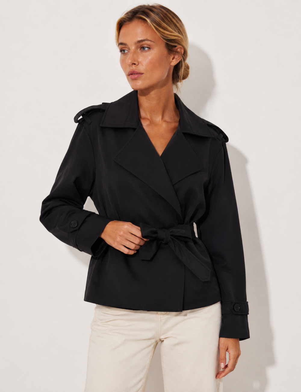 Ladies Lapel Collar Belted Short Trench Coat