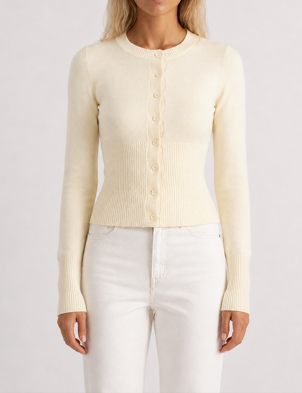Ladies Button Front Ribbed Knit Cardigan