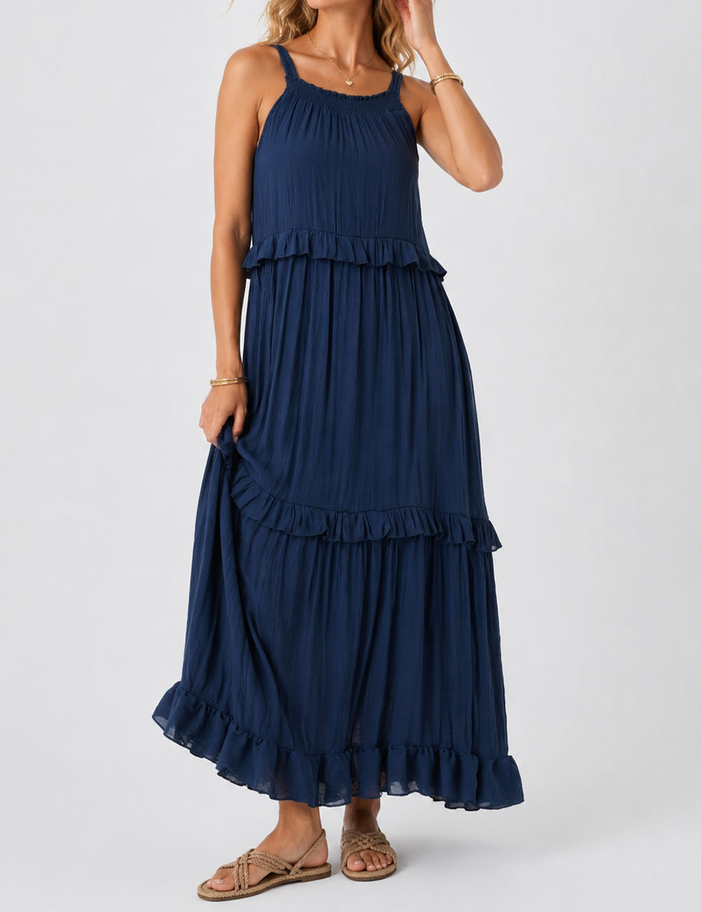 Ladies Boho Ruffle Tiered Hem Sleeveless Solid Color Maxi Dress