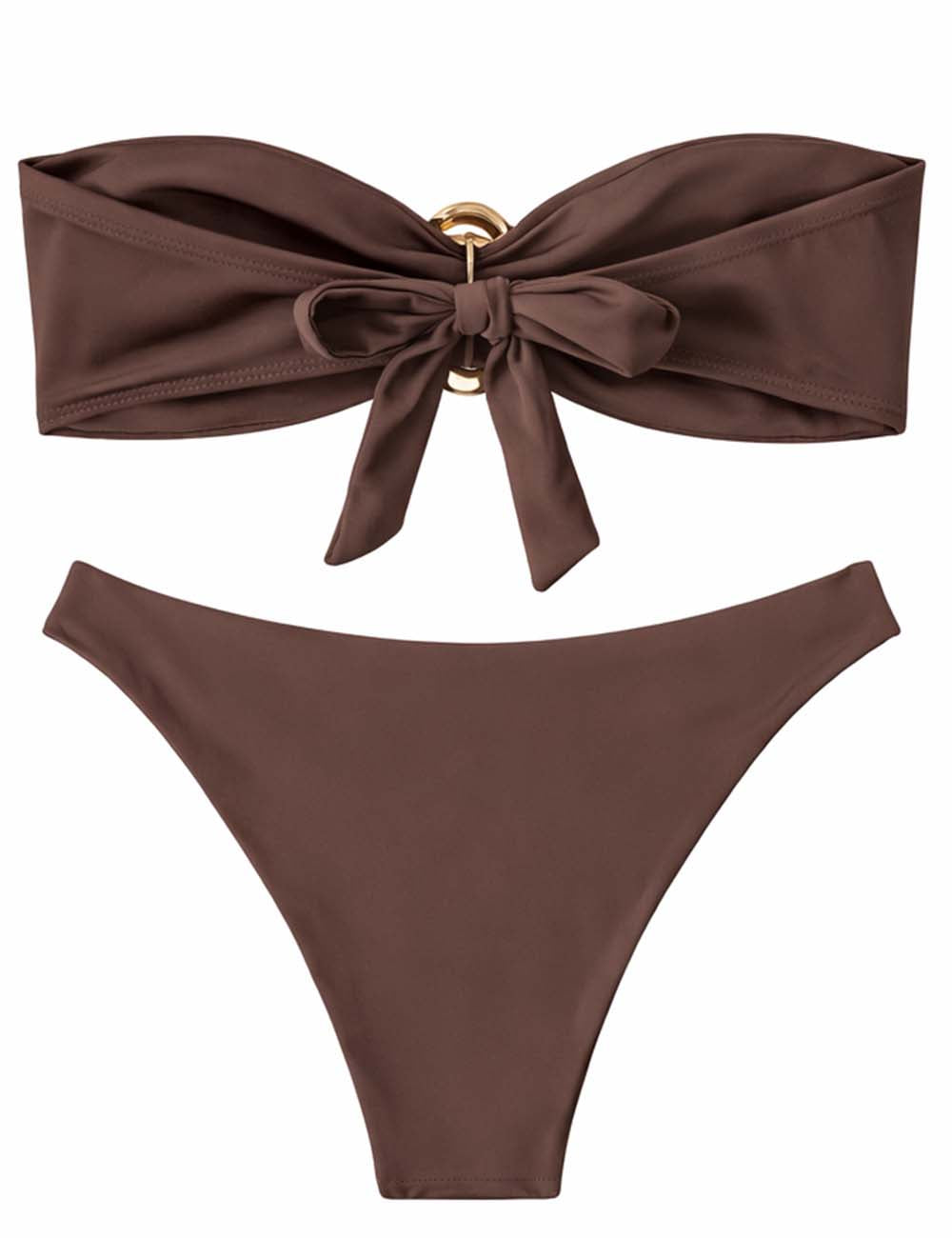 Ladies Metal Ring Ruched Strapless Bandeau Bikini Set