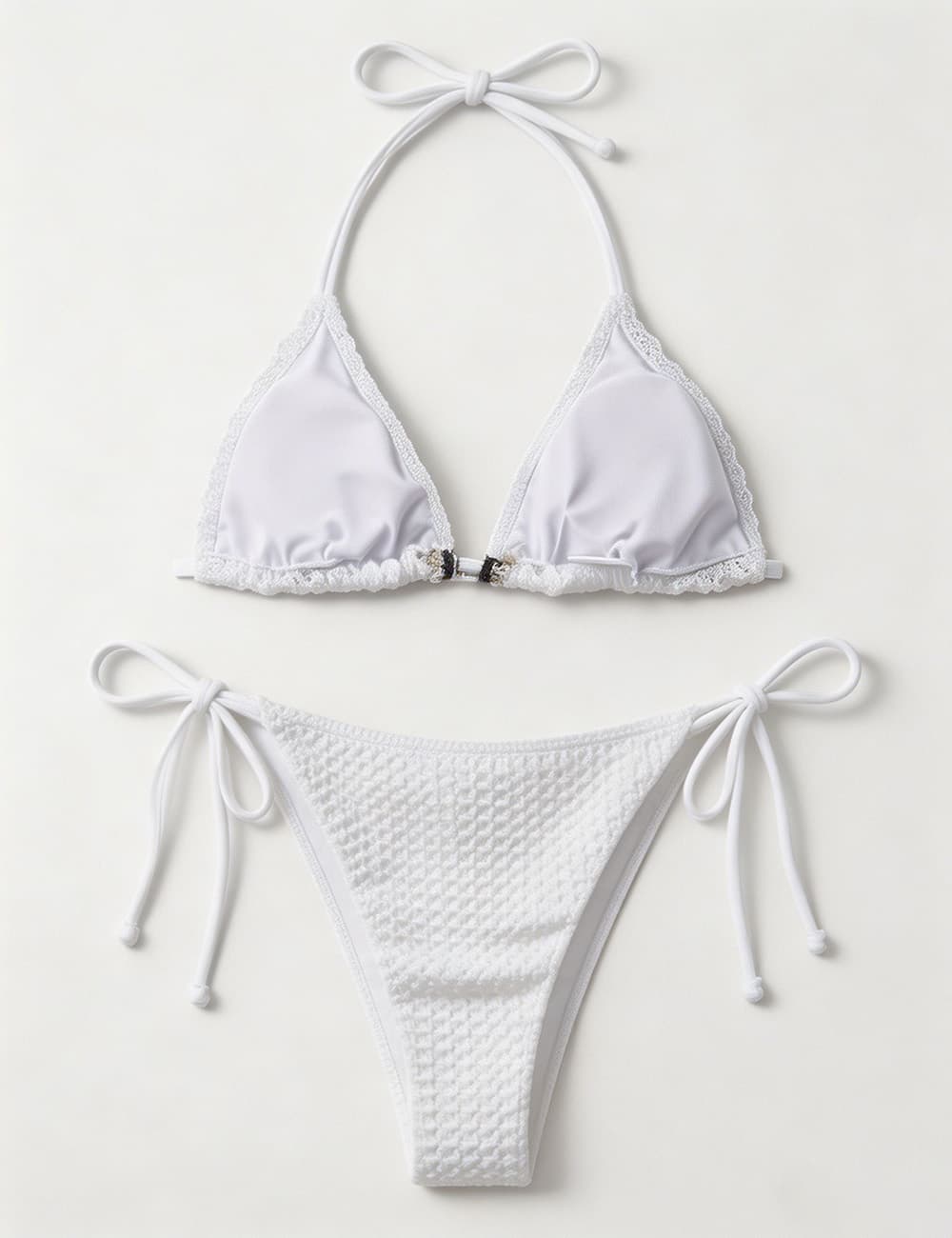 Ladies Waffle Shell Crochet Trim Halter Triangle 2 Piece Bikini Set