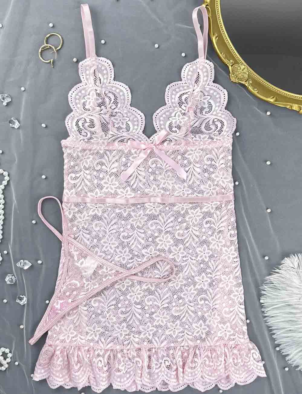 Ladies Floral Embroidery Hollow Out Chemise Set 8HF4344