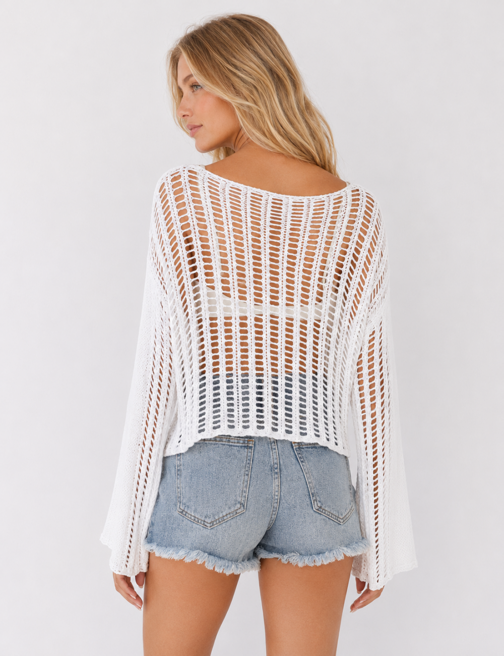 Ladies Long Sleeve Knit Mesh Hollow Out Cropped Cover Up