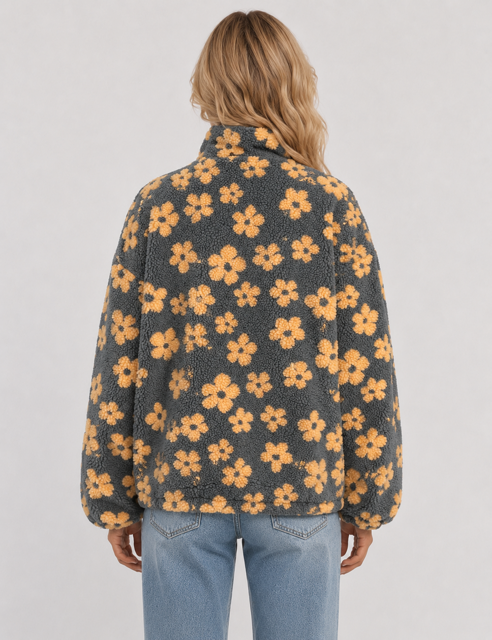 Ladies Casual Floral Pattern Zipper Front Fleece Pullover Sweatshirt