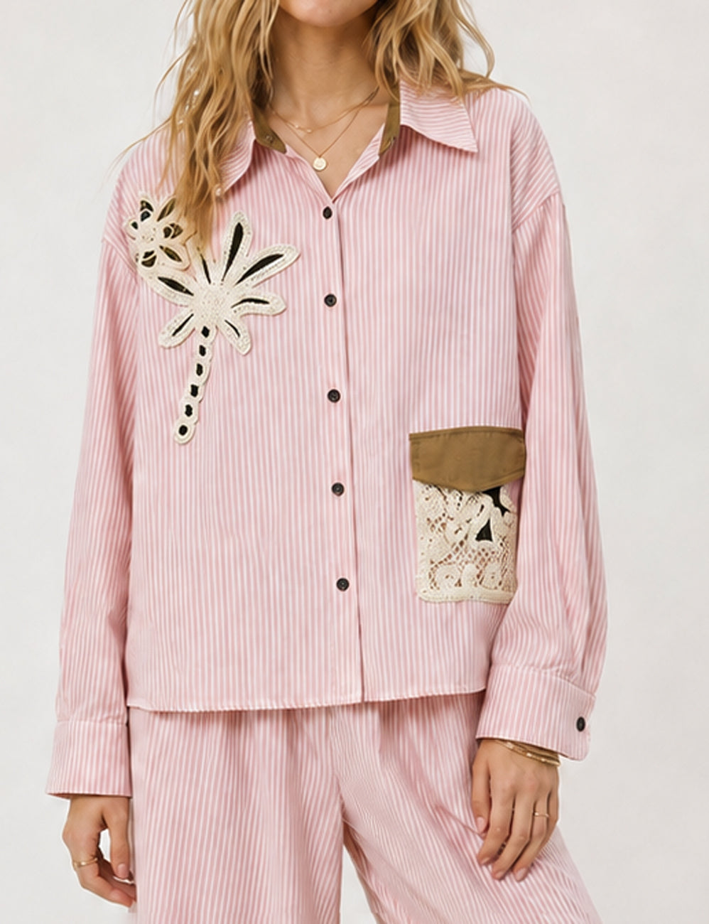 Ladies Striped Embroidery Floral Pocket Button-Down Shirt
