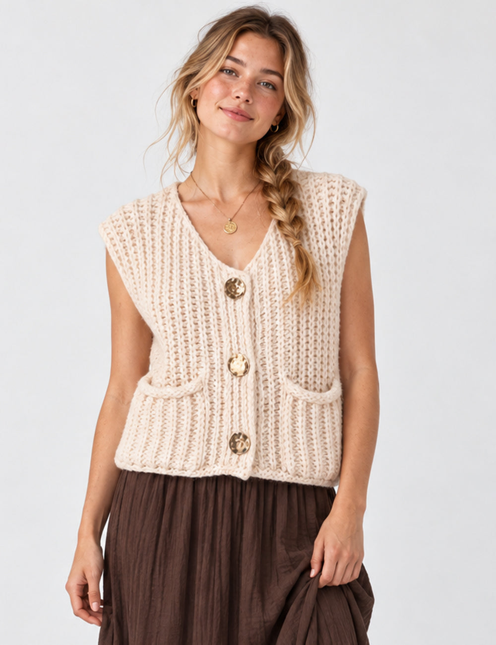 Ladies Chunky Open Knit Sweater Vest