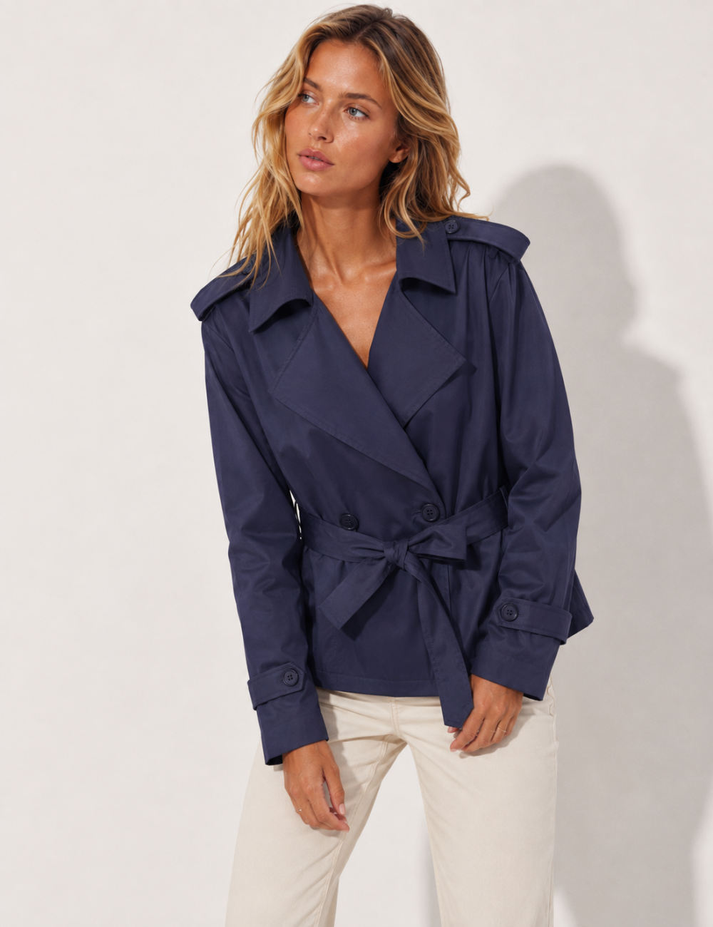 Ladies Lapel Collar Belted Short Trench Coat