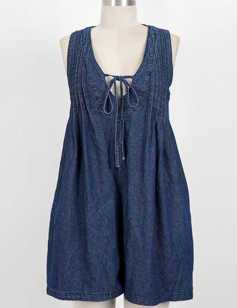 Ladies V-Neck Tie Front Pleated Sleeveless Denim Romper