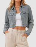 Ladies Destressed Button Down Croped  Denim Jacket