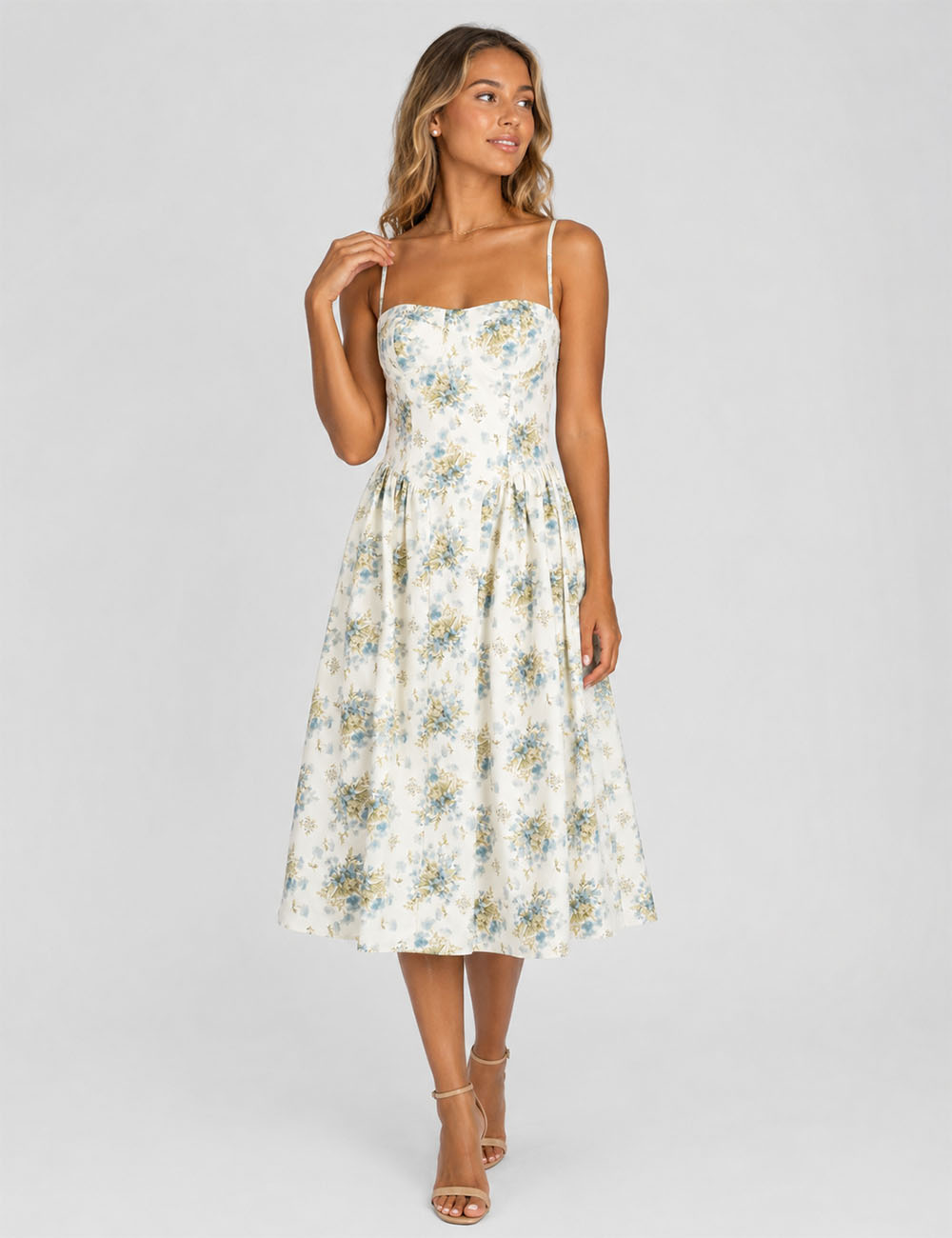 Ladies Floral Print Corset Spaghetti Strap Midi Dress