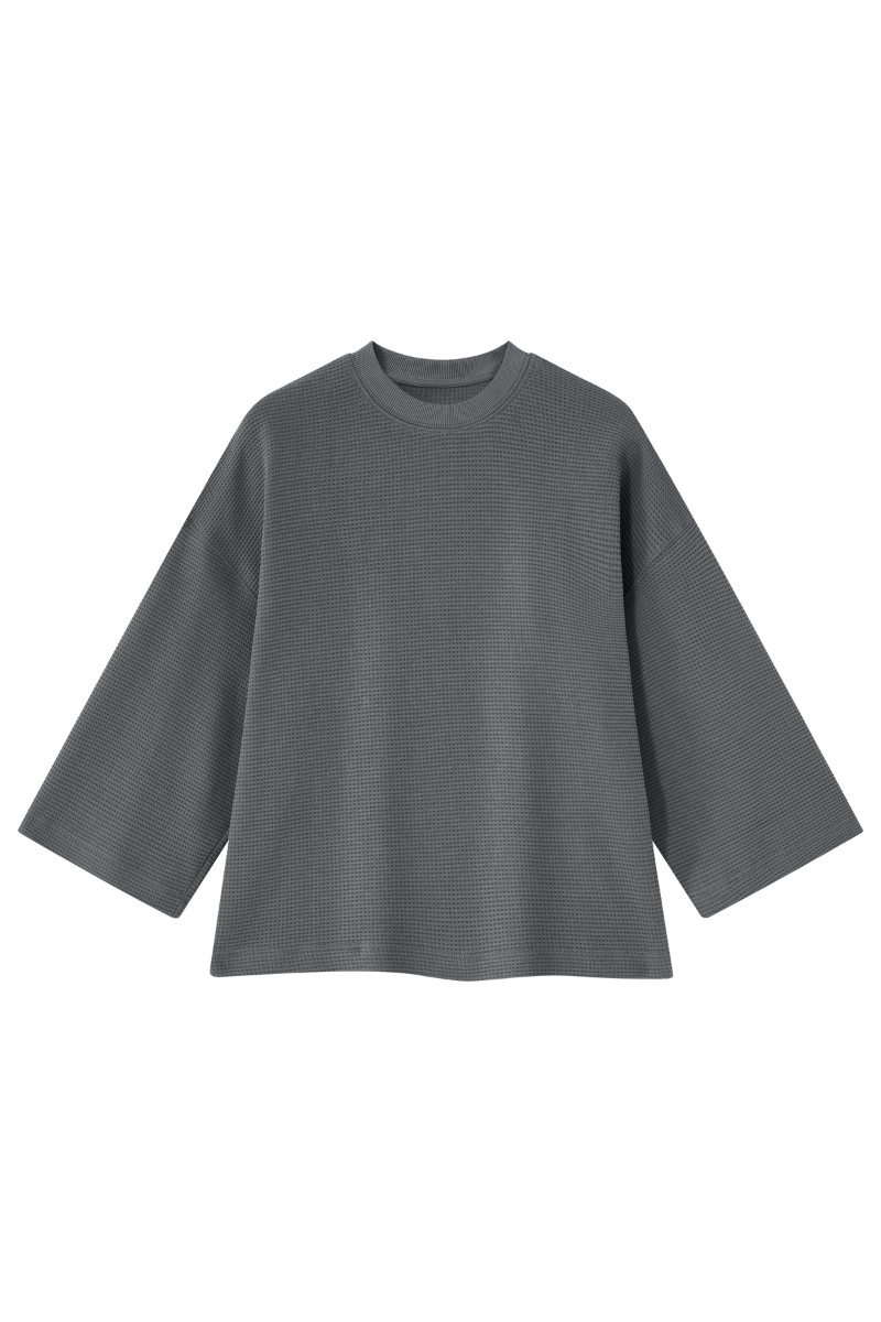 Women Spring Waffle Knit Drop Shoulder 3/4 Sleeve Top