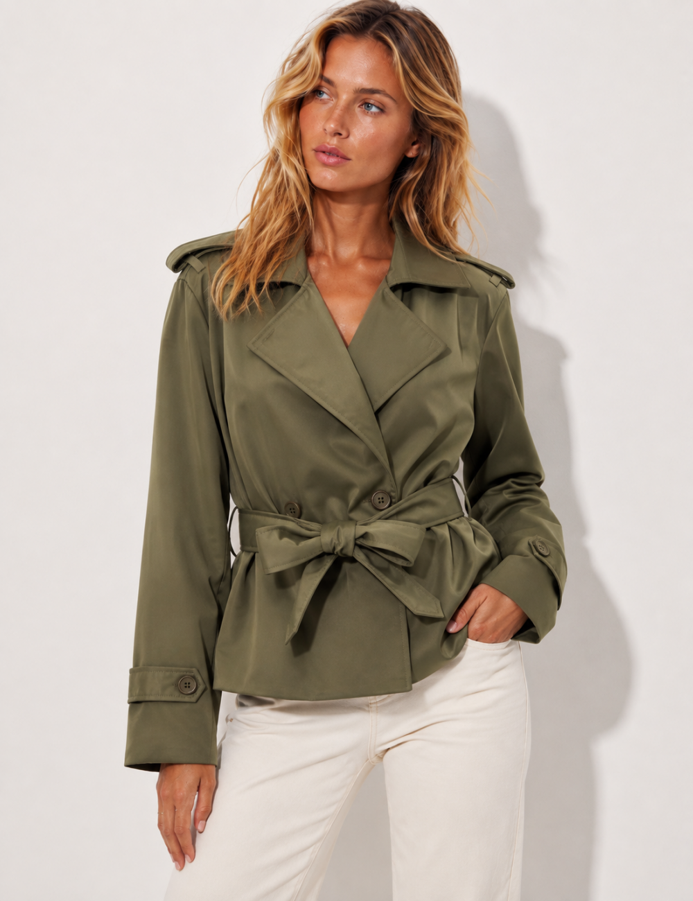 Ladies Lapel Collar Belted Short Trench Coat